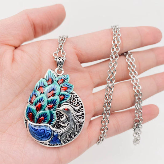 Vintage Enamel Blue Phoenix Pendant Necklace