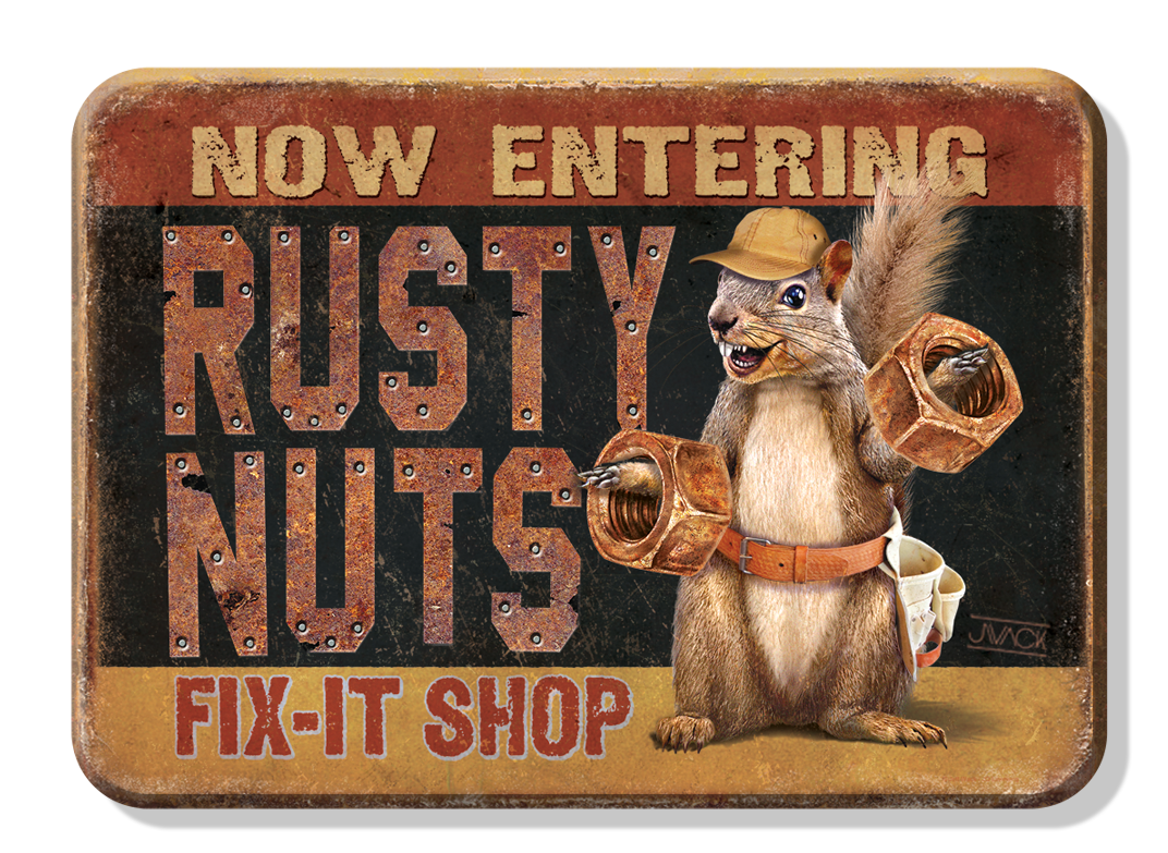 Magnet: Rusty Nuts Garage Metal wrapped with printed media