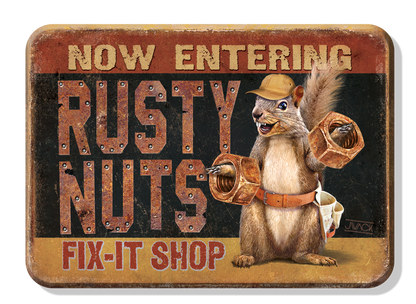 Magnet: Rusty Nuts Garage Metal wrapped with printed media