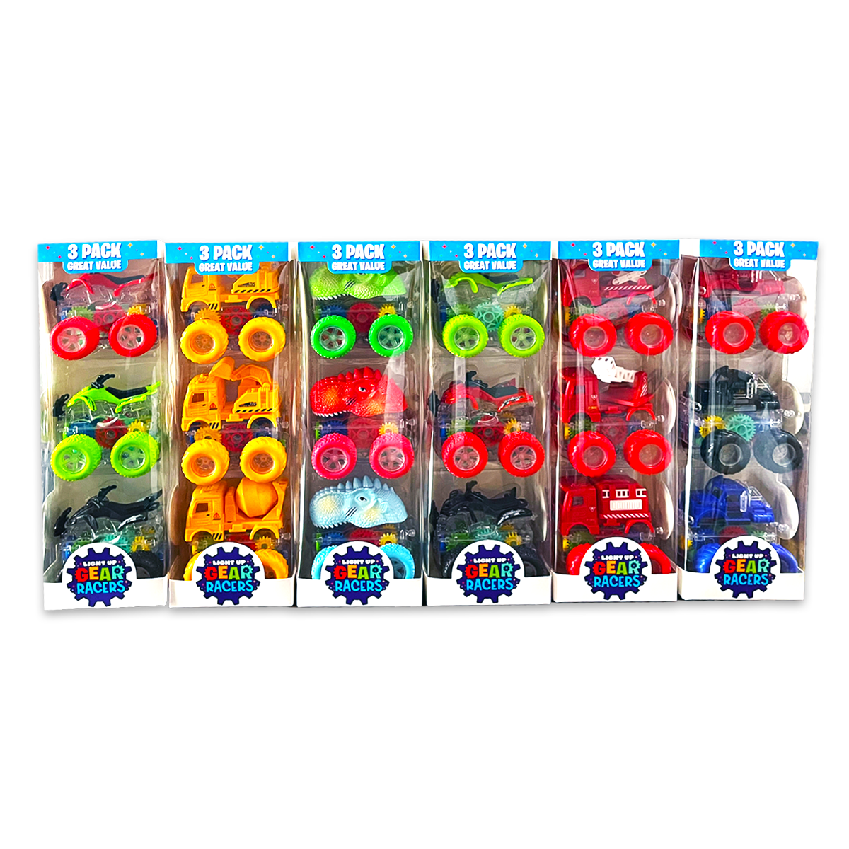 3-PACK LIGHT UP GEAR RACERS TOY CARS