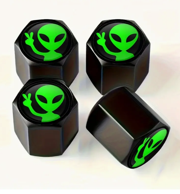 Alien Peace Sign Tire Valve Caps - Black Aluminum - Set of Four