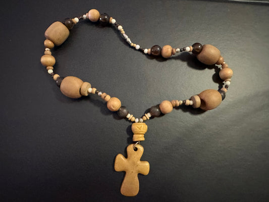 Rustic handcrafted Necklace with beaded wood and plastic with a cross