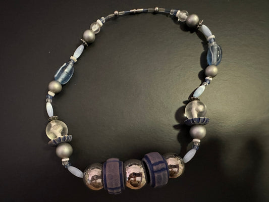 Blue & Silver Beaded Necklace with Mixed Elements